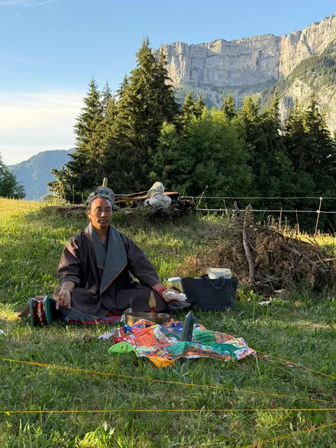 Group session in the mountain pastures during a retreat
