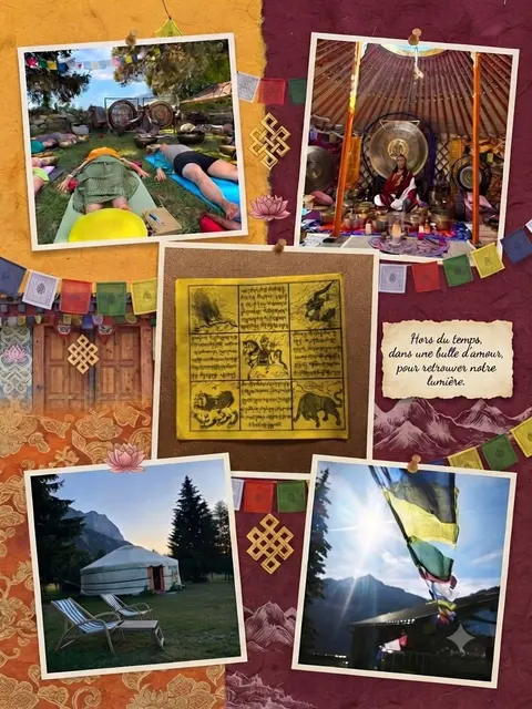 The retreat site: yurt and chalets facing the mountains